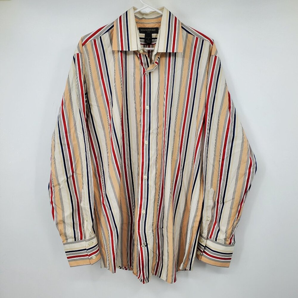 Banana Republic Orange and Red Striped Men's Collared Dress‎ Shirt XL 17 - 17.5